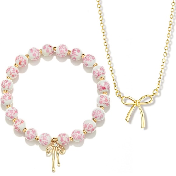 Jewelry - 14K Gold Beaded Bow Bracelet Necklace Set